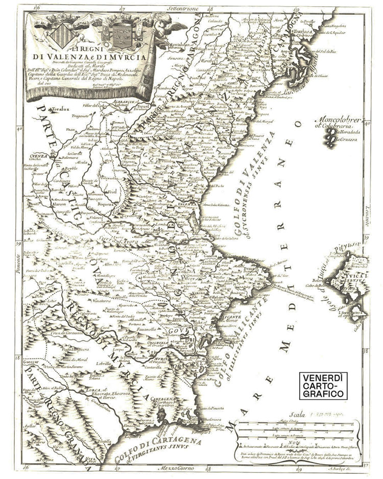 Venerdì Cartografico –  Li Regni di Valenza e di Murcia descritti da Giacomo Cantelli, Roma, 1696