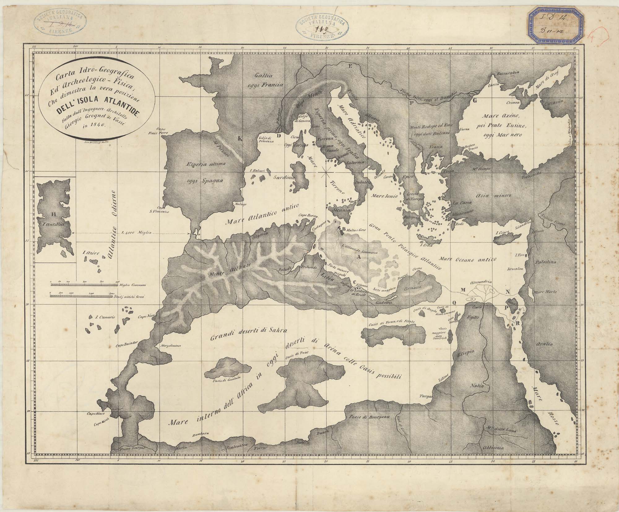 G. Grognet de Vassé, Carta idro-geografica ed archeologico-fisica; che dimostra la vera posizione dell’isola Atlantide, Malta, 1840